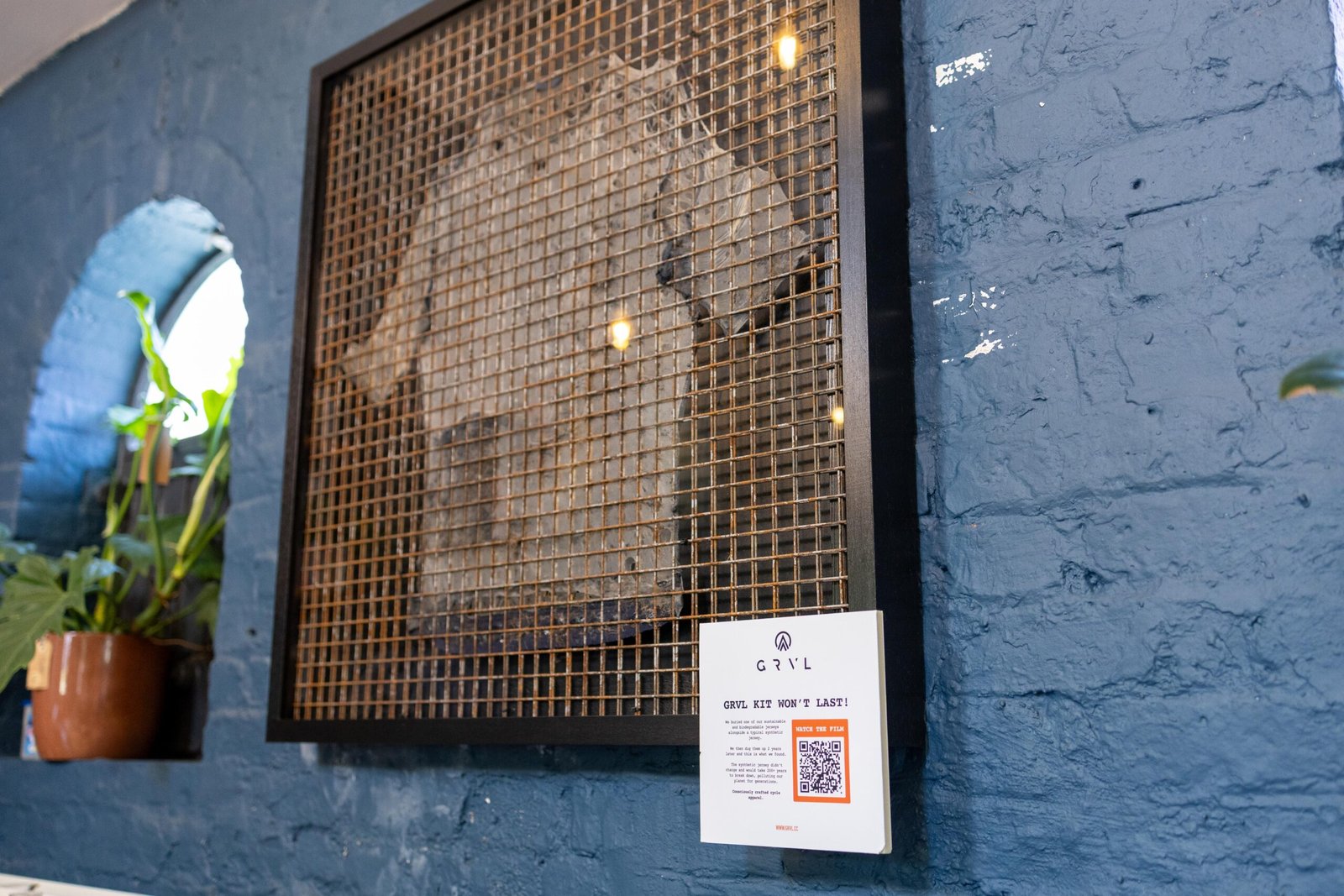 The "GRVL kit won't last!" biodegradable jersey display at Church Farm Café