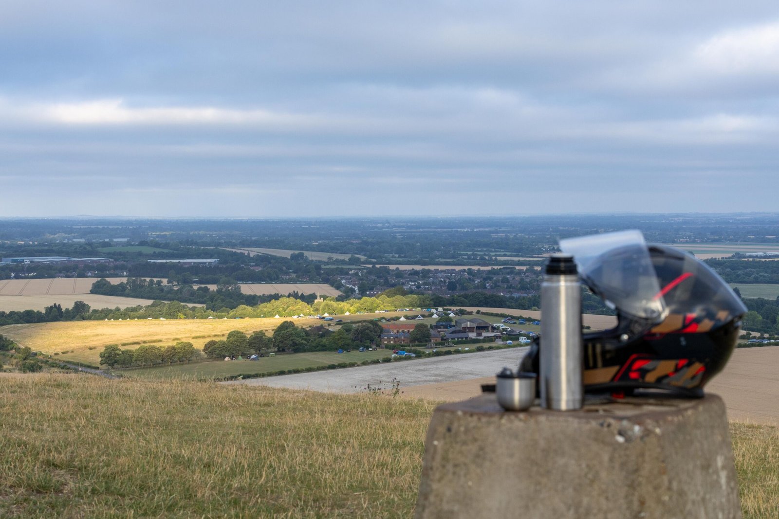 View across the patchwork Chilterns countryside from Ivinghoe Beacon, flask in hand