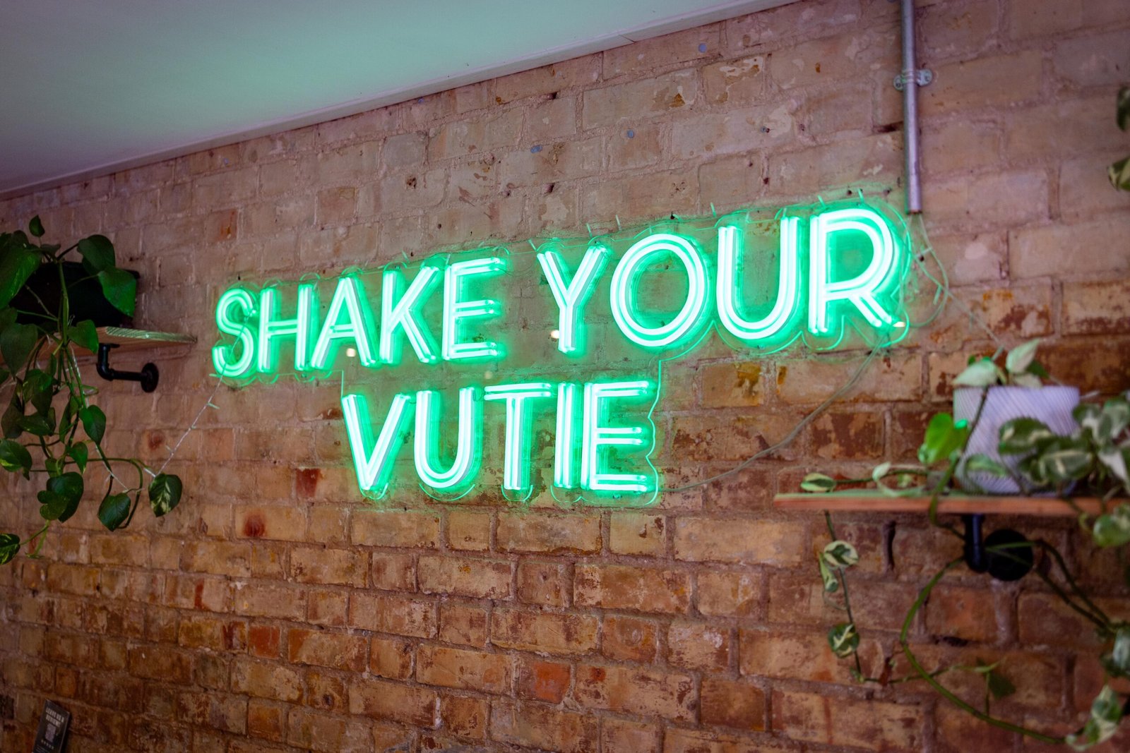 Shake Your Vutie neon sign on exposed brick inside Level Ground Co