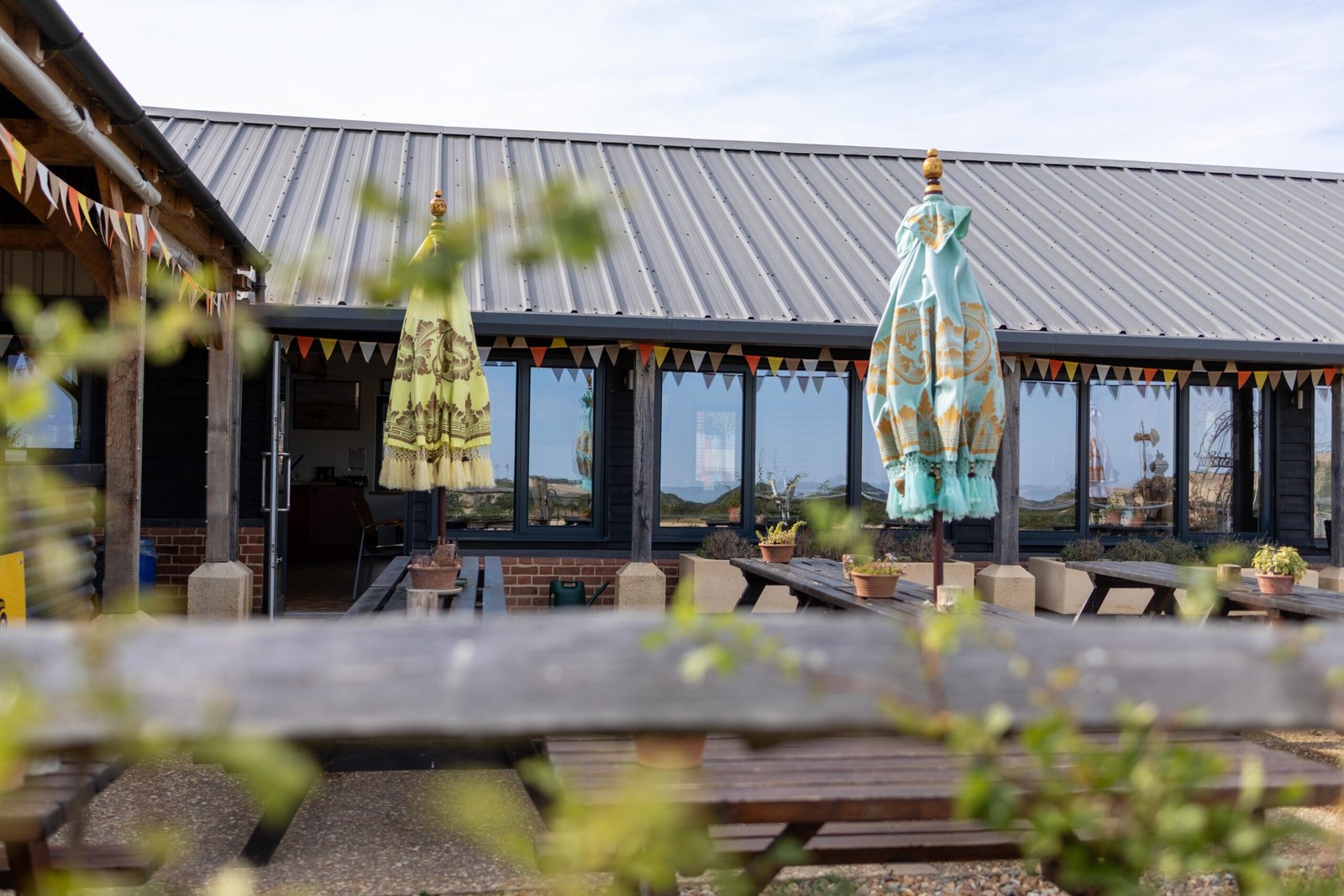 Exterior of The Mixing Shed Cafe with patterned parasols, bunting, and picnic benches