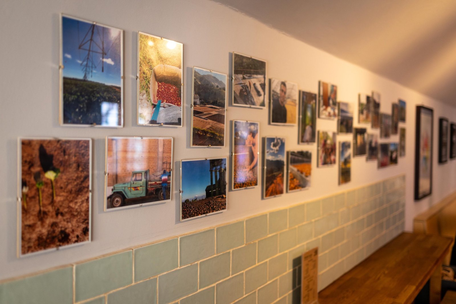 A wall covered with photographs documenting coffee farm visits at Yellow Bourbon on Angel Street
