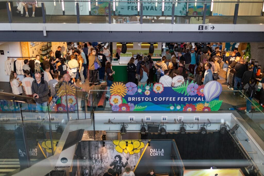 Crowds of visitors on the floors of Bristol Coffee Festival, seen from above