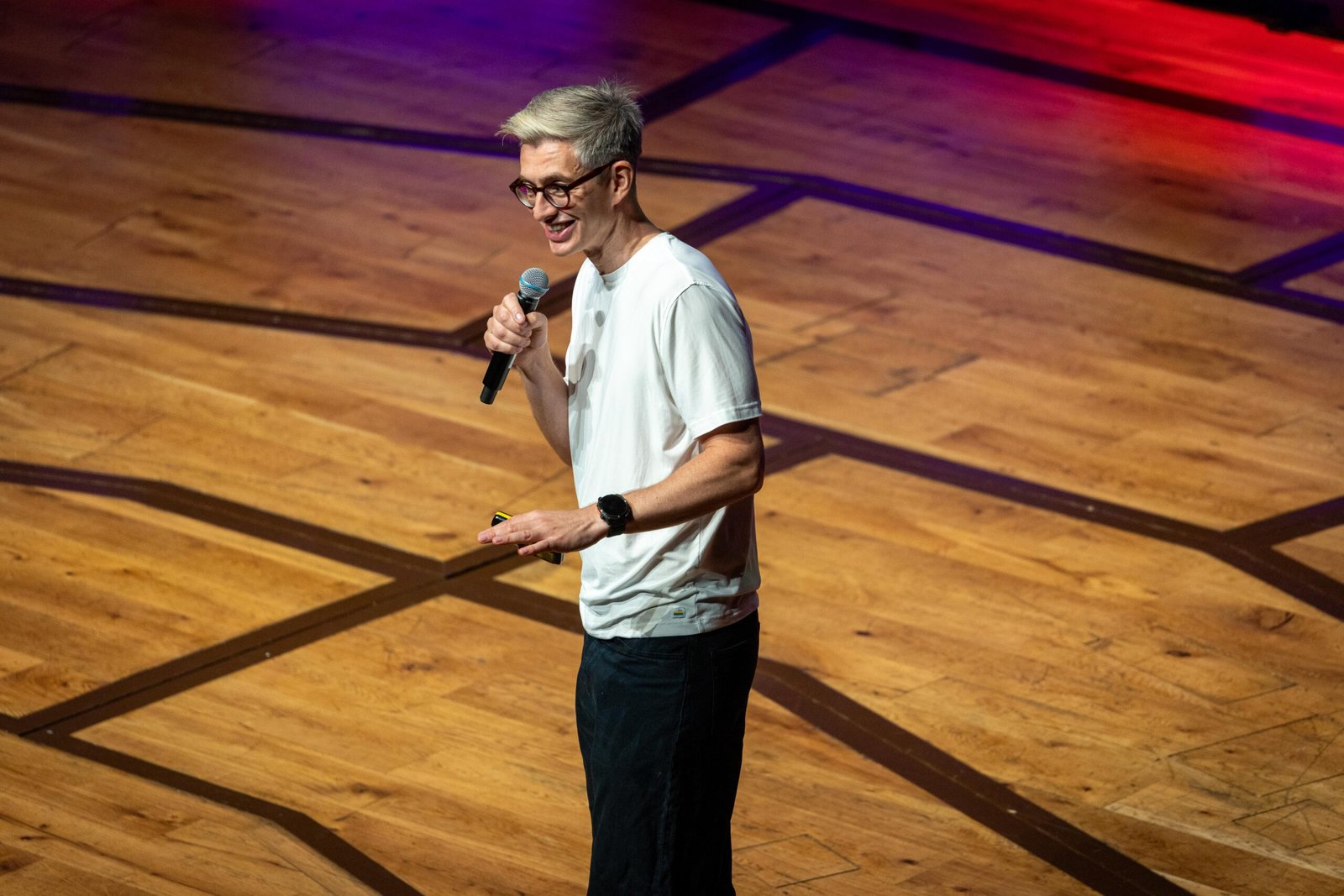 James Hoffmann laughing while addressing the audience at Bristol Coffee Festival