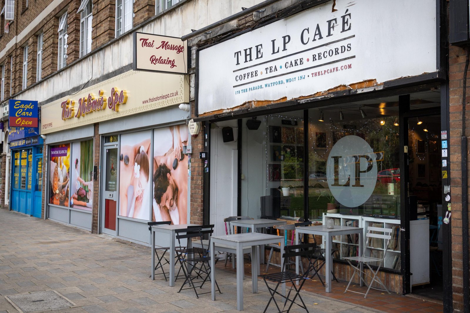 The LP Café shopfront reading Coffee, Tea, Cake, Records on The Parade