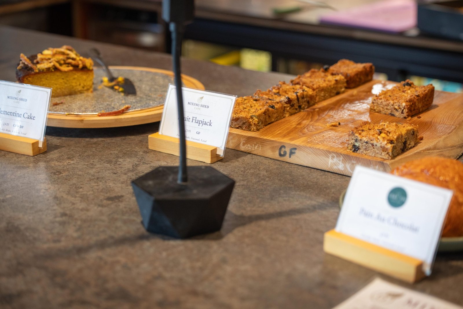 Homemade cakes and flapjacks on display at The Mixing Shed Cafe counter