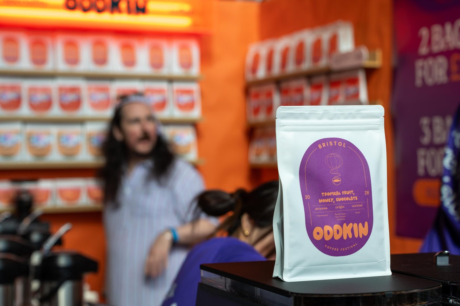 An OddKin Coffee retail bag with a special Bristol Coffee Festival edition label