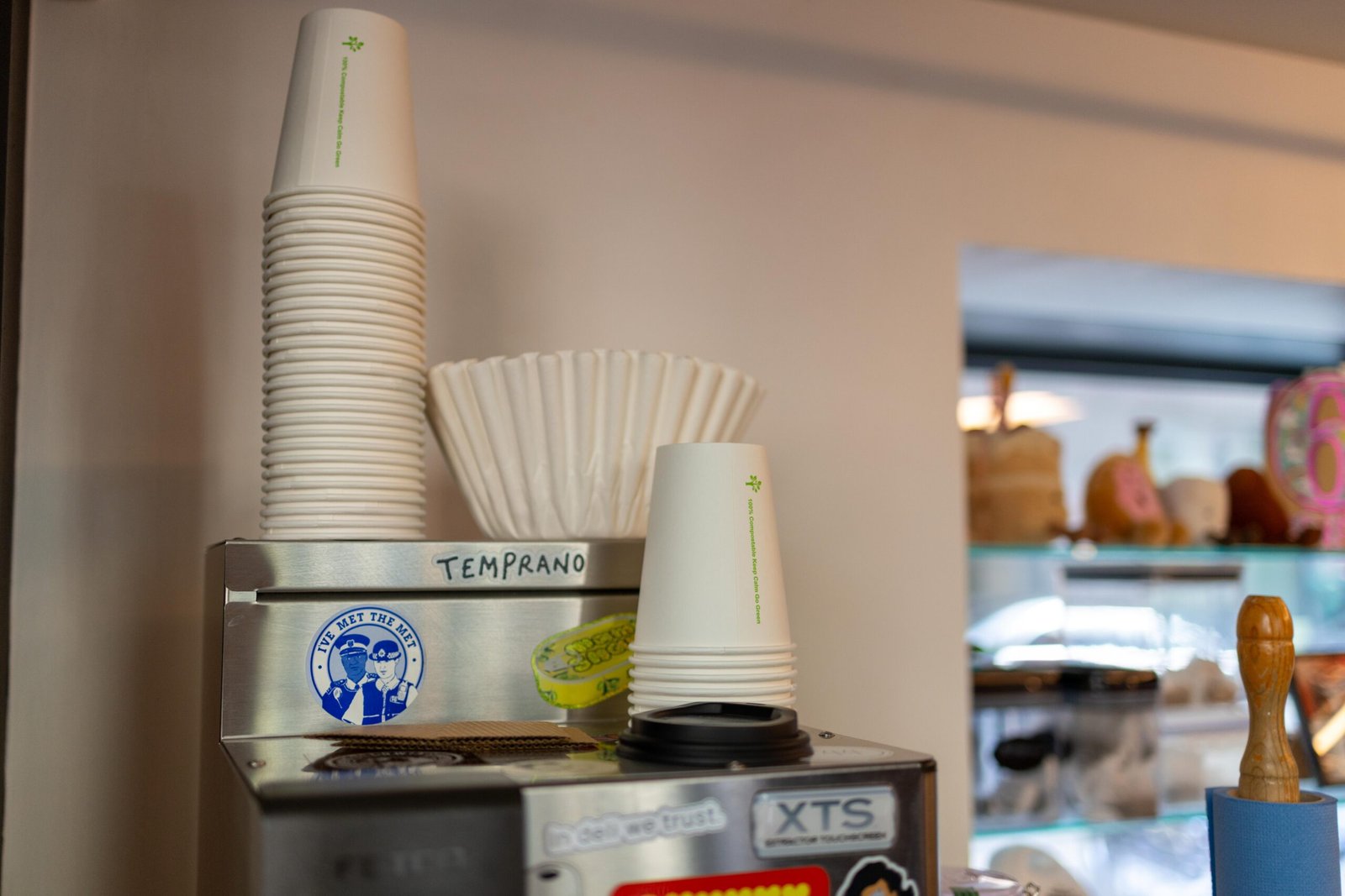The Temprano coffee equipment with the I've Met the Met sticker given by a regular police officer