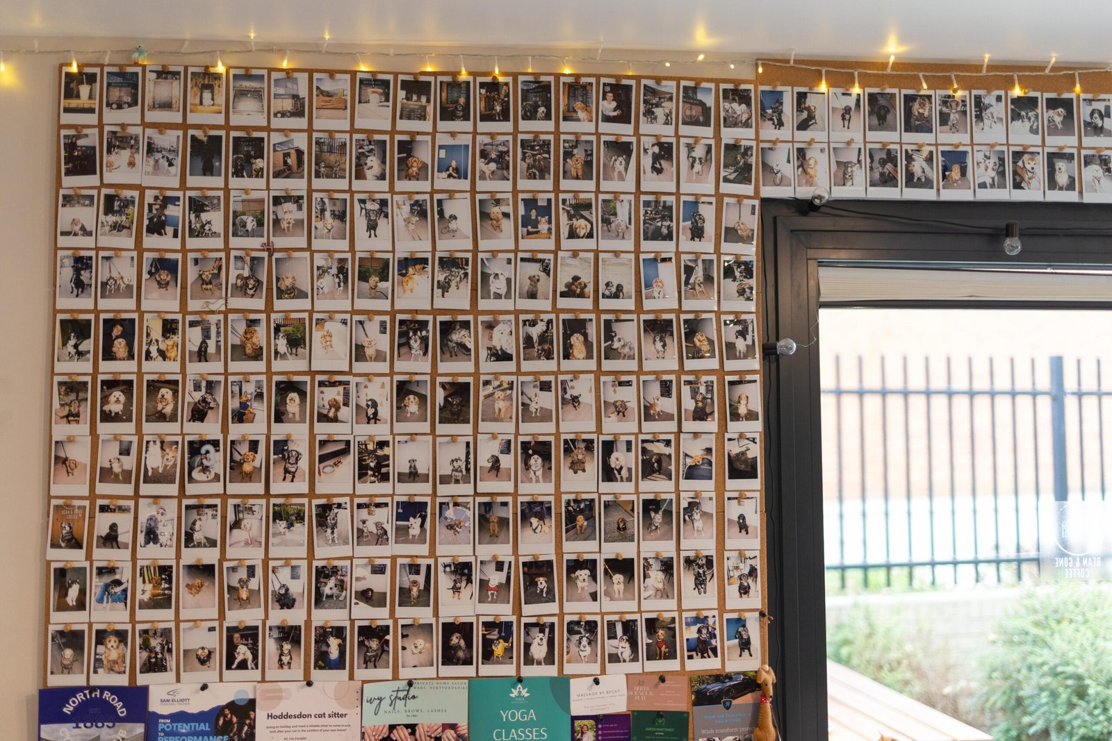 Wall of instant photos beside the door at Bean & Gone Coffee