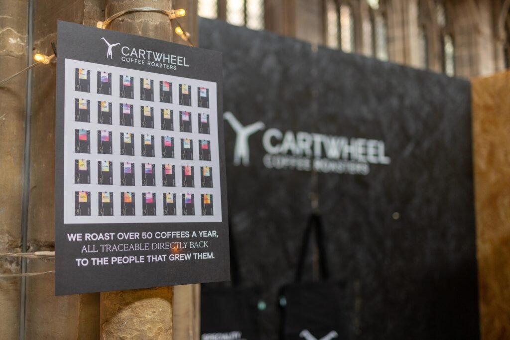 A Cartwheel Coffee Roasters poster showing a grid of the coffees they roast, in front of the logo wall