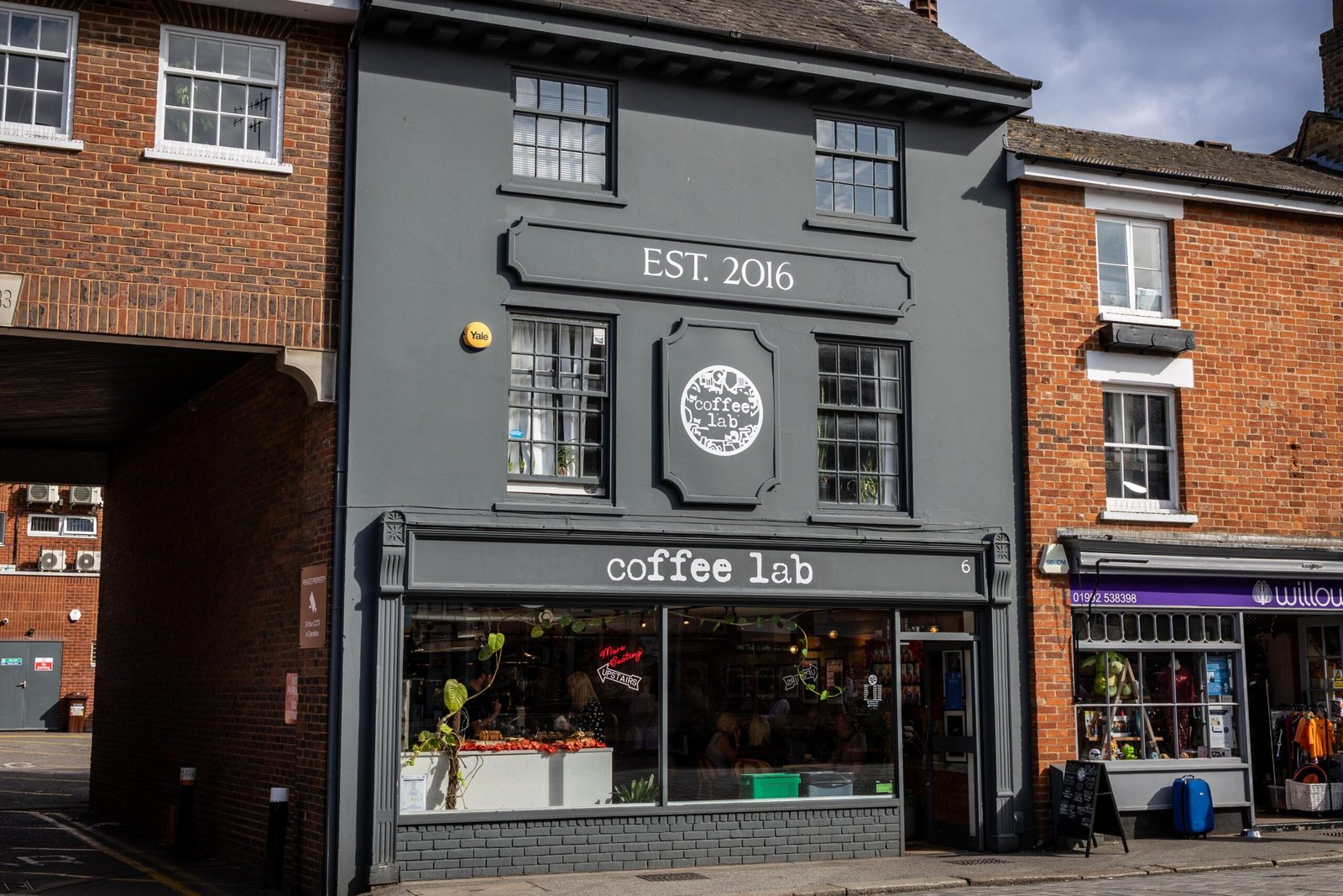 The charcoal-grey exterior of Coffee Lab in Hertford